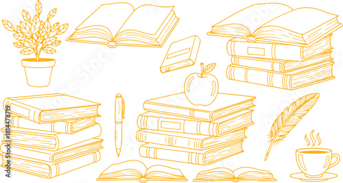 Learning and education theme line art illustration with books and study tools