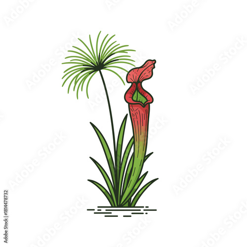 An elegant hand-drawn vector illustration of a carnivorous sarracenia pitcher plant and cyperus, a chic and stylized botanical logo concept