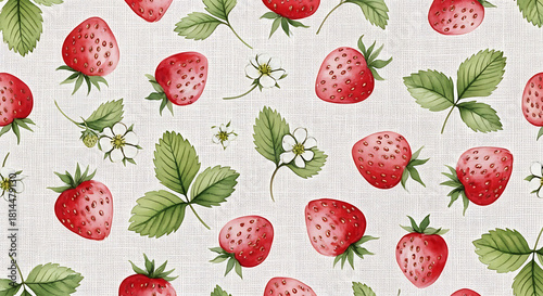 Seamless pattern with watercolor strawberries and leaves