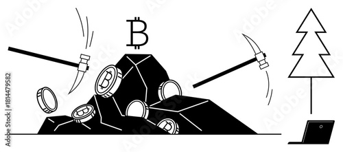 Coins with Bitcoin insignia scatter around black rocks, pickaxes strike to mine cryptocurrency. Laptop and tree symbolize technology, innovation, and sustainability. Ideal for cryptocurrency