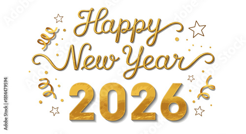 Happy New Year 2026" festive golden text design, sparkling with confetti, stars, and curling ribbons, perfect for celebrating the upcoming year with joy, elegance, and prosperity