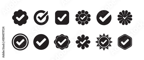Set of black check mark icons with various shapes representing verification and approval