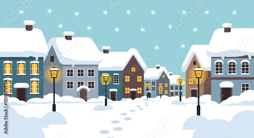 A charming winter village scene with snow-covered houses and glowing streetlights, perfect for holiday and seasonal greetings