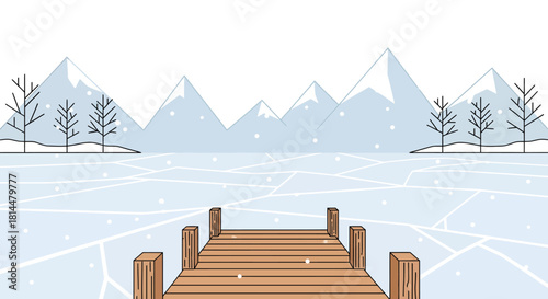 Winter Lakeside Pier with Snowy Mountains and Trees - Serene Landscape Illustration