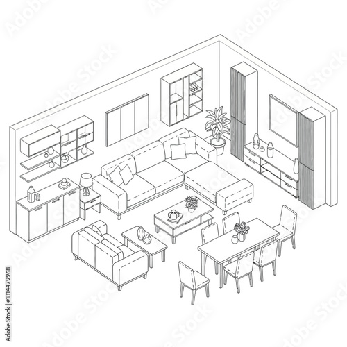 Isometric View Of A Furnished Living And Dining Room