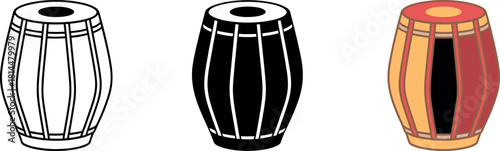 Vector illustration of a Tabla drum in outline black and white and color versions