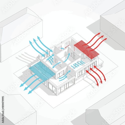 Isometric view of a house with airflow diagrams building