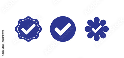 Collection of blue verified check mark icons in wavy, circle and flower shapes