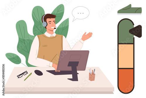 Customer service representative wearing a headset at the desk, tracking feedback on a gauge. Ideal for support, communication, productivity, satisfaction, feedback, service quality, and customer