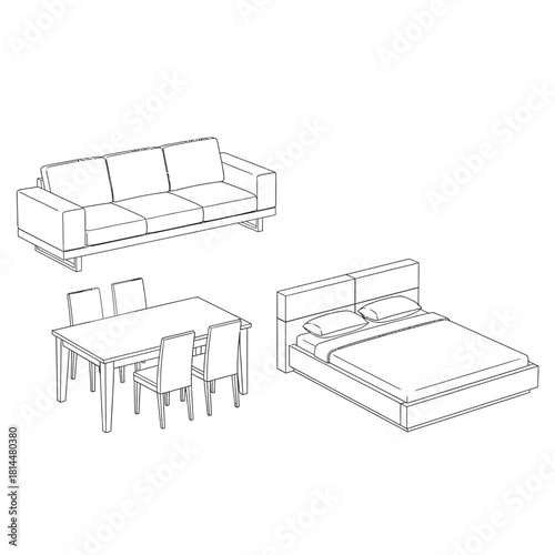 Line Drawing of Furniture: Sofa, Dining Set, Bed whisk