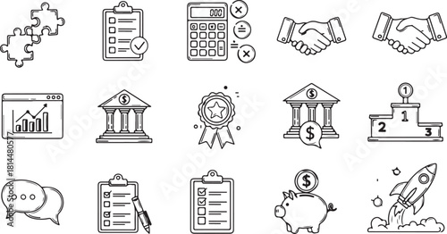 Hand drawn business and finance doodle icons for planning and success concepts.