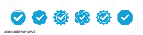 Set of blue check marks, confirm button, complete icons, correct sign, vector illustration