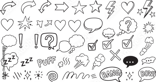 Hand drawn doodle collection: arrows, stars, hearts, bubbles, and symbols