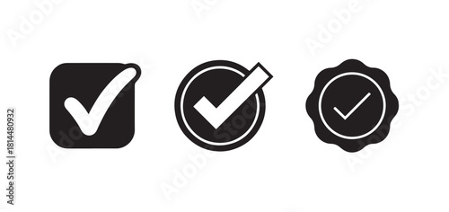 Set of black check marks, confirm button, complete icons, correct sign, vector illustration