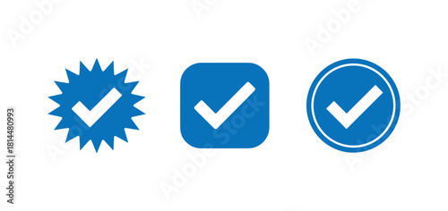 Set of blue check marks, confirm button, complete icons, correct sign, vector illustration