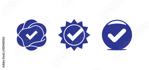 Set of blue verified check mark icons with unique designs including abstract and 3D look