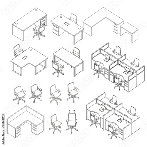 Office Furniture Isometric Line Drawings desk chair