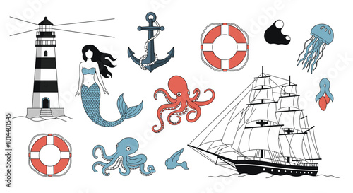 Collection of nautical and sea-themed illustrations, including a lighthouse, mermaid, anchor, and ship.
