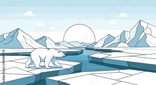 Polar bear walks across ice floes in the Arctic with mountains and the sun in the background.