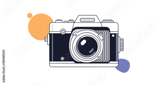 Minimalist illustration of a vintage camera with abstract colorful circles in the background.