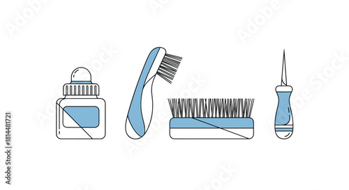 Collection of stylized icons representing grooming and care tools, including a dropper bottle, brushes, and an awl.