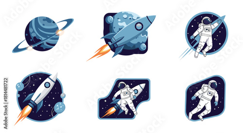 Set of six colorful space-themed illustrations featuring planets, rockets, and astronauts in orbit.