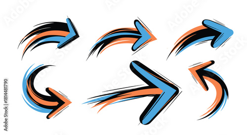 Set of six hand-drawn arrows in blue, orange, and black with a brushstroke effect.
