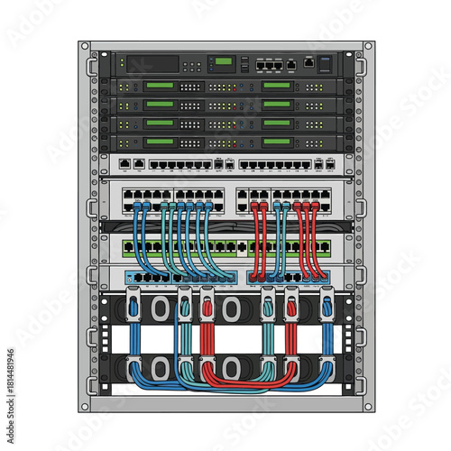 Server rack with network cables and equipment technology