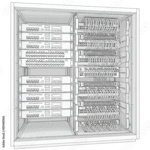 Server Rack with Network Equipment and Cables vector