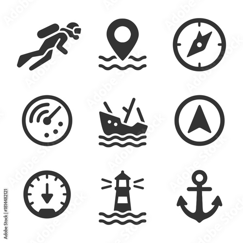 Simple nautical icons: diver, compass, lighthouse, anchor, shipwreck.