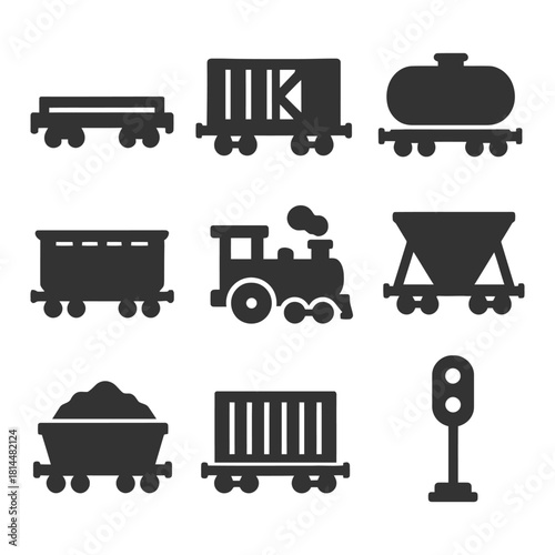 Set of silhouette train icons: steam locomotive, cargo, tank, coal, carriage, signal.