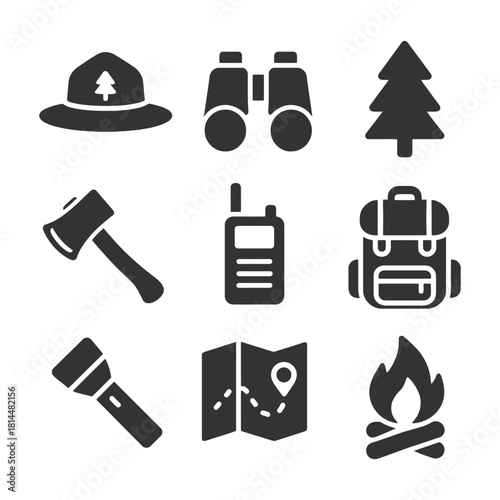 Camping icons: hat, binoculars, tree, axe, radio, backpack, flashlight, map, fire.