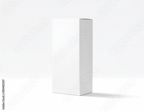 Tall, plain white box stands on a bright white surface