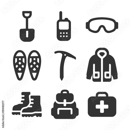 Essential winter hiking gear: safety and adventure equipment icons.