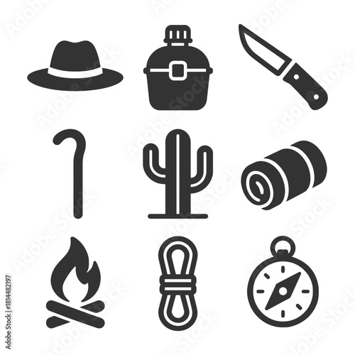 Camping essentials: hat, canteen, knife, walking stick, cactus, mat, campfire, rope, compass.