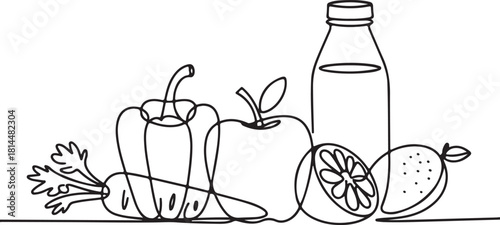 Minimalist Single Line Drawing of Healthy Food Still Life – Vector Illustration
