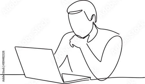 Minimalist Single Line Drawing of Person at Laptop – Vector Illustration