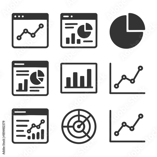 Set of nine simple graph and chart icons for data analysis.