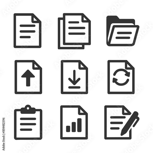 Document and file icon set: upload, download, synchronize, edit, and analyze symbols.