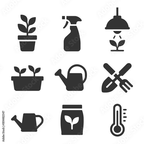 Gardening icons: tools, plants, watering can, thermometer, light, spray bottle, soil bag.