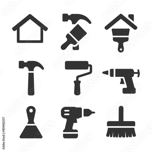 Tool icons: hammer, drill, brush, roller, house - vector set.
