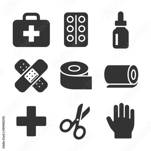 Medical icons: first aid kit, bandages, medicine bottles, scissors, medical supplies.