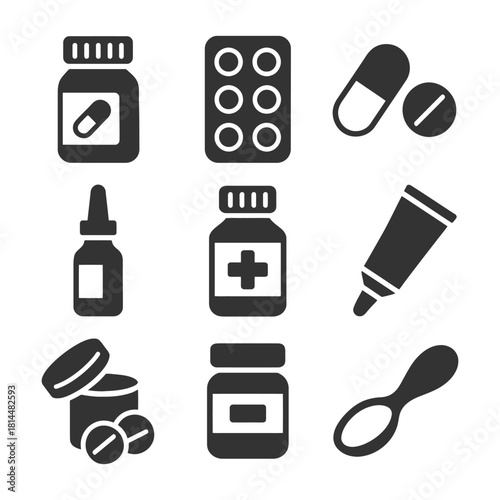 Black and white medical icons: pills, bottles, droppers, creams.