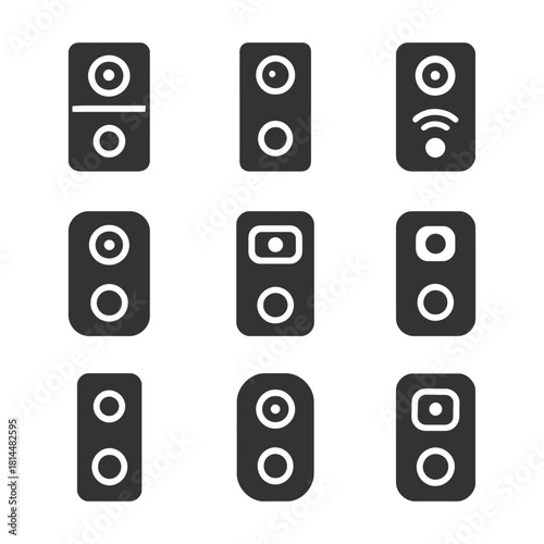 Set of nine black speaker icons displaying different designs.
