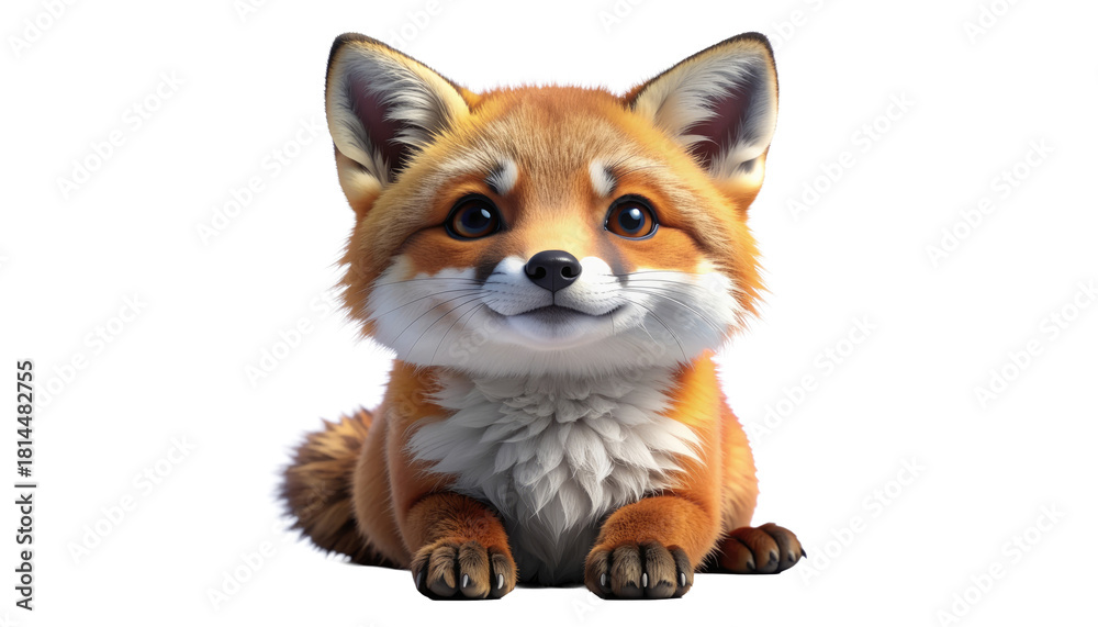 Obraz premium Cute cartoon fox with orange and white fur, small paws, and big eyes, lying down and looking forward, clean white background