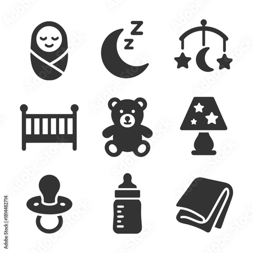 Baby room essentials: icons of crib, mobile, teddy, and bottle.