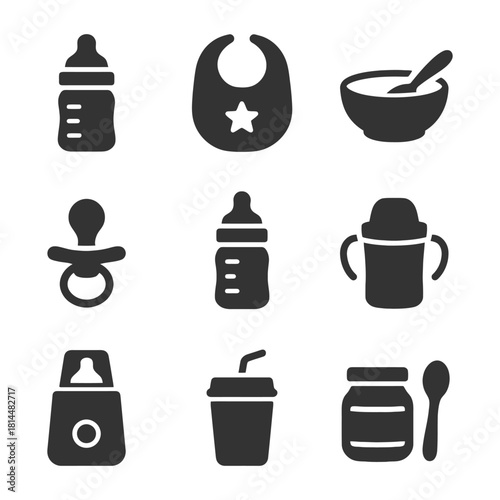 Essential baby feeding items: bottles, bib, pacifier, food bowl, sippy cup, blender, jars.