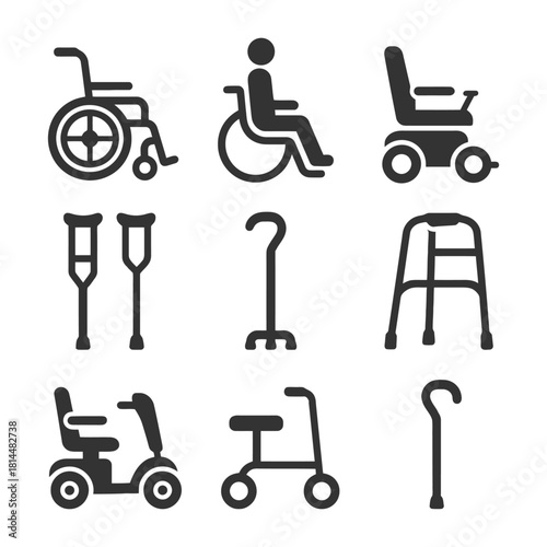 Set of mobility aid icons including wheelchair, crutches, walker, scooter, and cane.