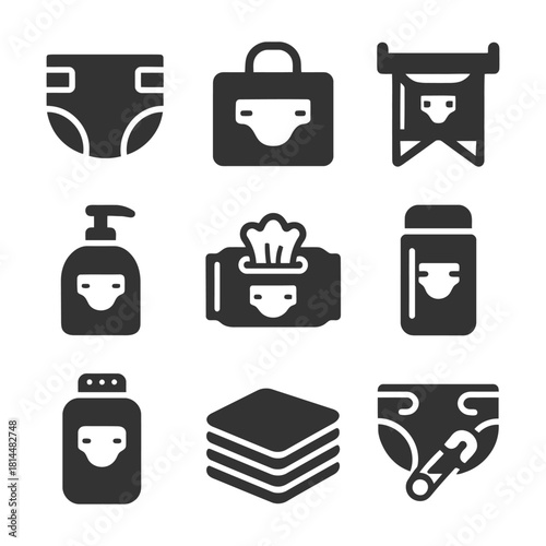 Baby care products icons set: diapers, bottles, wipes, powder, lotion, towels.