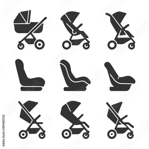 Collection of nine black baby stroller and car seat icons.
